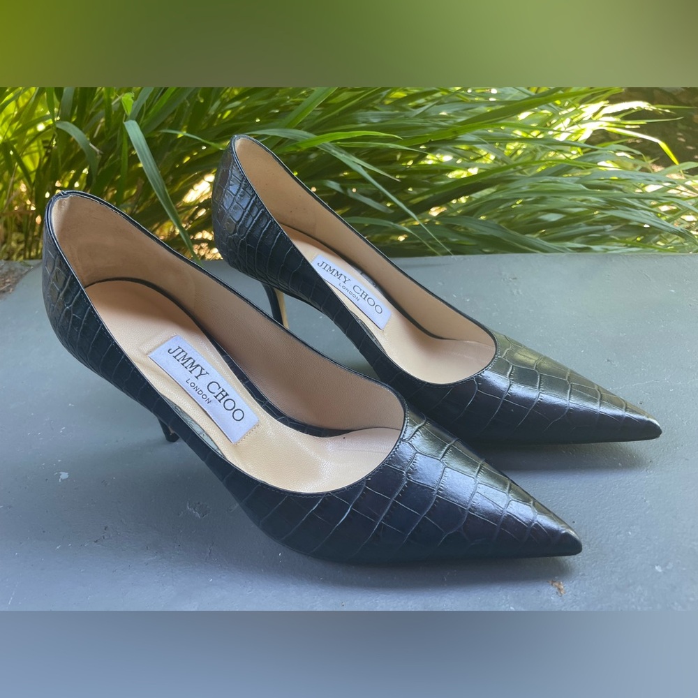 Jimmy Choo Navy Blue Croc-Embossed Pumps